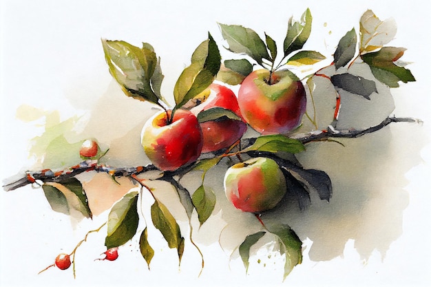 Appels op takken aquarel afdrukbare kunst, afdrukbare poster, tekening illustraties, Apple