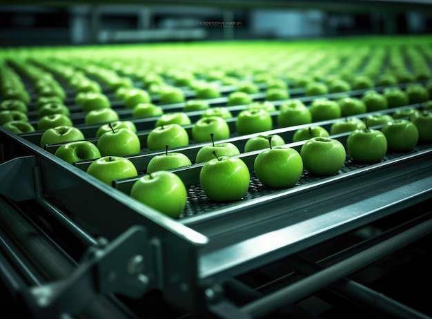 Appels worden op een transportband in een fruitfabriek in een fabriek gesorteerd