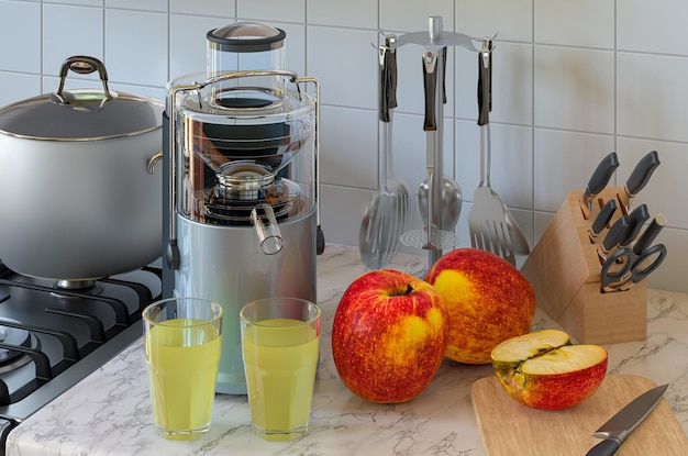 Appelsap en elektrische juicer op keukentafel 3D-weergave