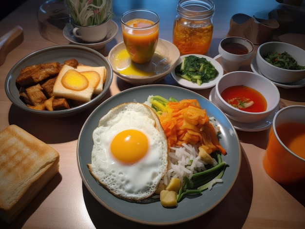 Appetietig ontbijt met gebakken eieren groenten toast en sap