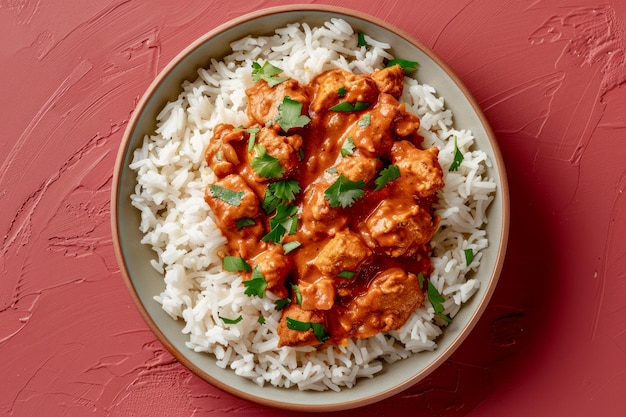 Appetiserende kip Tikka Masala geserveerd op fluffy Basmati rijst met verse cilantro garnish op een