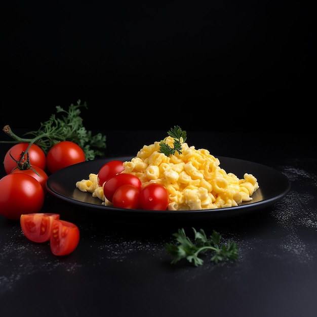 Appetiserende verse smakelijke omelet met tomaten geïsoleerd op zwarte achtergrond close-up geweldig ontbijt