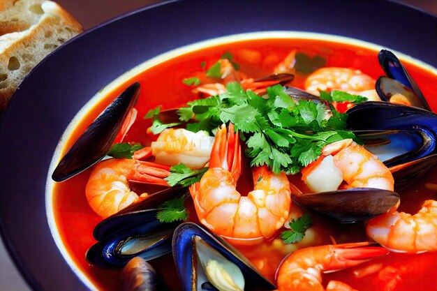 Appetite tomato seafood soup with mussels in dark bowl