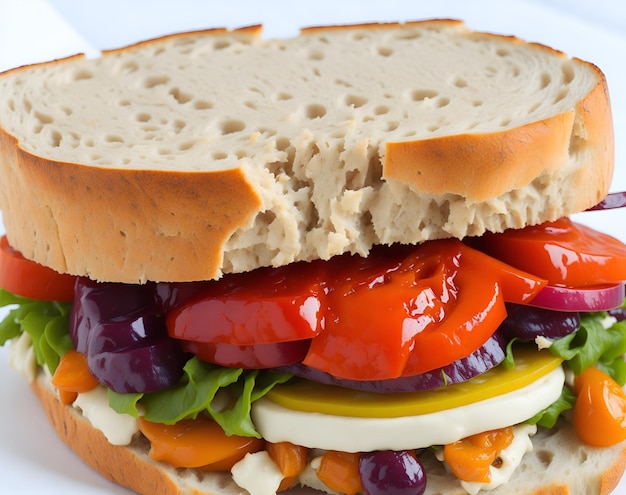 An appetiteboosting closeup This traditional sandwich is a culinary masterpiece with its fresh ingredients intense flavors and impeccable presentation A delight for gourmets Generated by AI