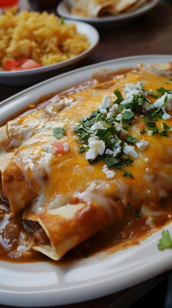 Appetitieve cheesy enchiladas geserveerd op een bord met verse toppings