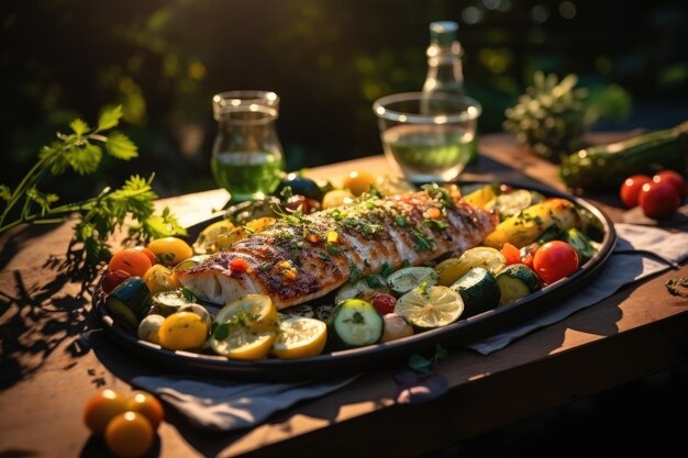 Appetitieve gegrilde vis met gegrilde groenten