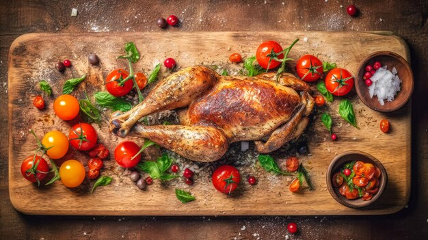 Appetitieve gouden gebakken kippenpootjes en kersentomaten geserveerd op een houten bord Heerlijk eten Generatieve AI