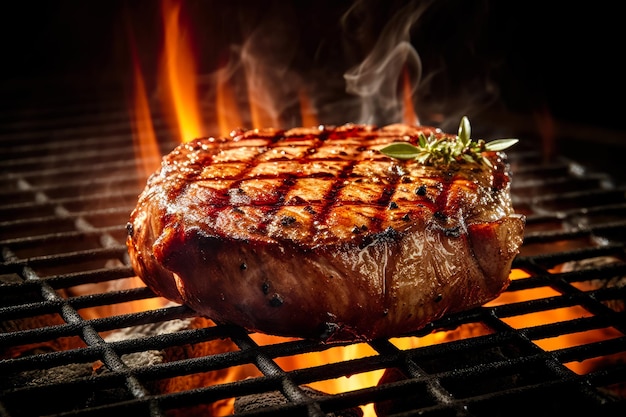Appetitive spices beef steak sizzling over flaming grill Gourmet food Delicious food