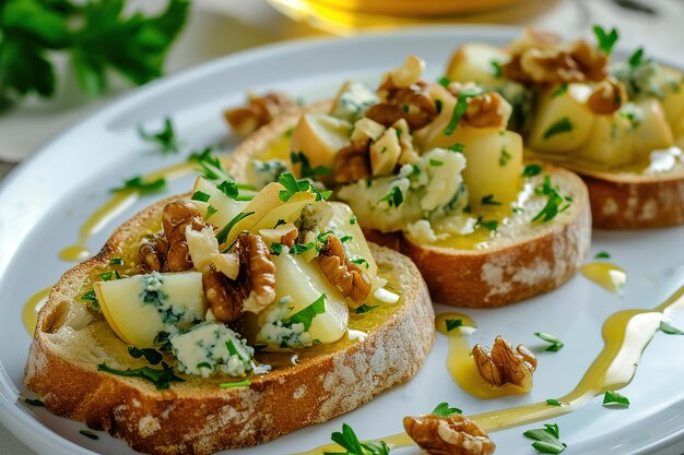 Appetizer bruschetta with pear honey walnut and blue cheese on white plate