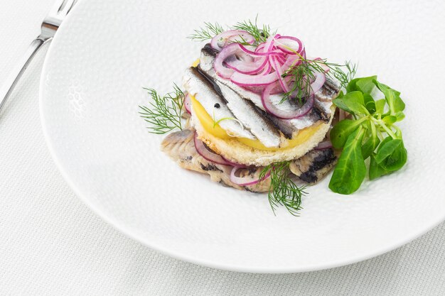 Appetizer food, salted herring, butter and red onion on white plate.