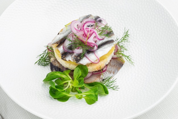 Appetizer food, salted herring, butter and red onion on white plate.