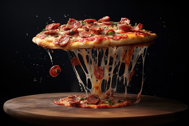 Foto appetizer pizza en pizza stukken levitatie stretchy verwerkte kaas generatieve ai