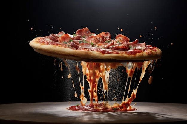 Appetizer Pizza en pizza stukken levitatie stretchy verwerkte kaas Generatieve AI