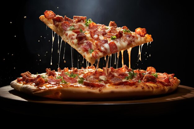 Appetizer Pizza en pizza stukken levitatie stretchy verwerkte kaas Generatieve AI