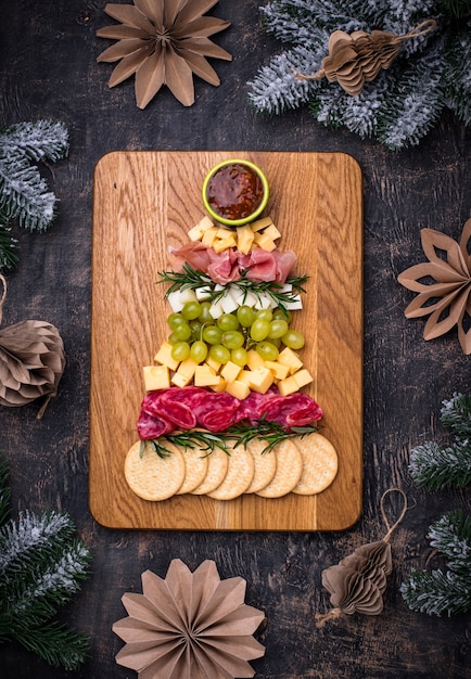 Appetizers plate in shape of Christmas tree.