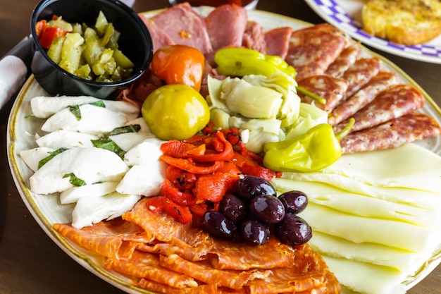 Appetizers plate with antipasto in Italian restaurant.