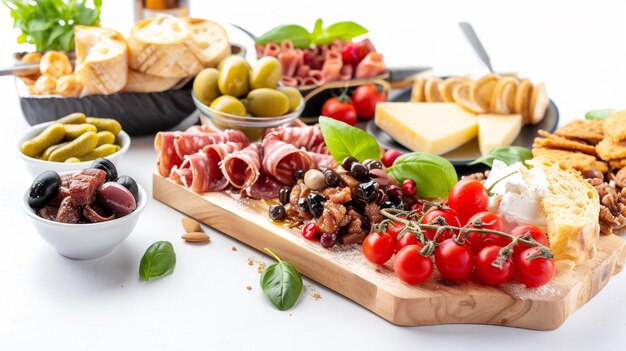 Foto tavolo di aperitivi con diversi antipasti, tagliatelle e formaggio generative ai