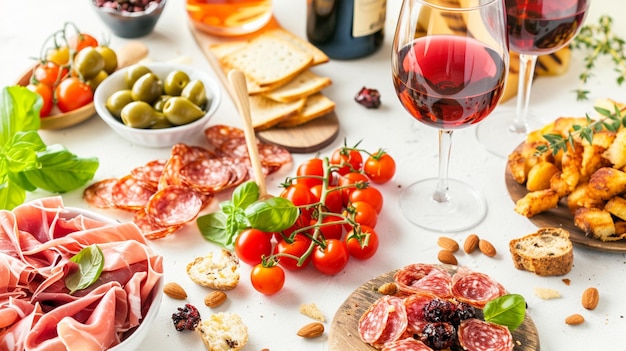 Стол для закусок с итальянскими закусками и бокалами вина на белом фоне Generative Ai