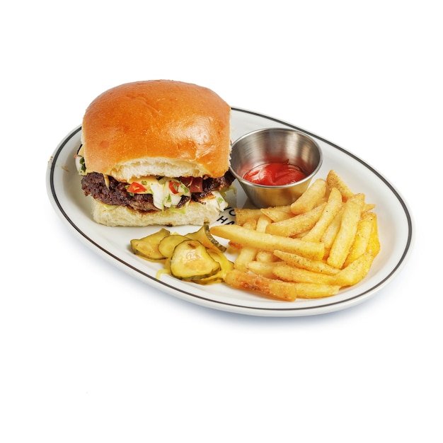 Appetiziappetizing burger traditional serving on a plate with sauce and fried potatoesng burger traditional serving on a plate with sauce and fried potatoes