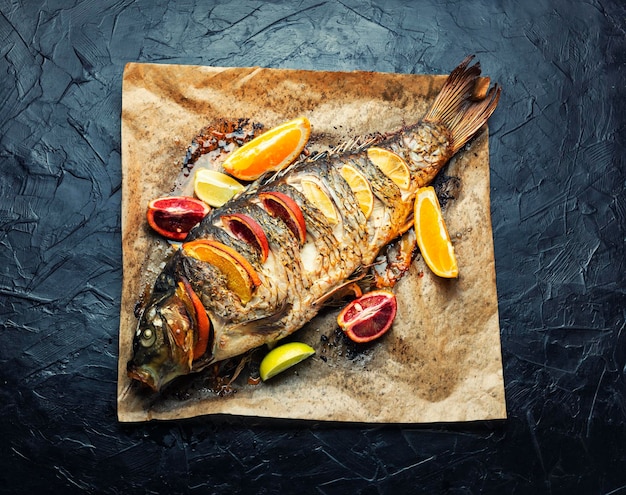 Photo appetizing baked carp