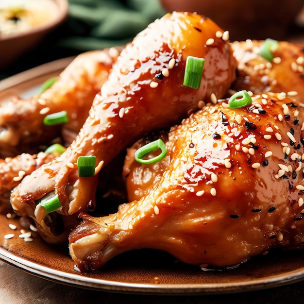 Appetizing baked chicken legs with chives and sesame seeds on a plate