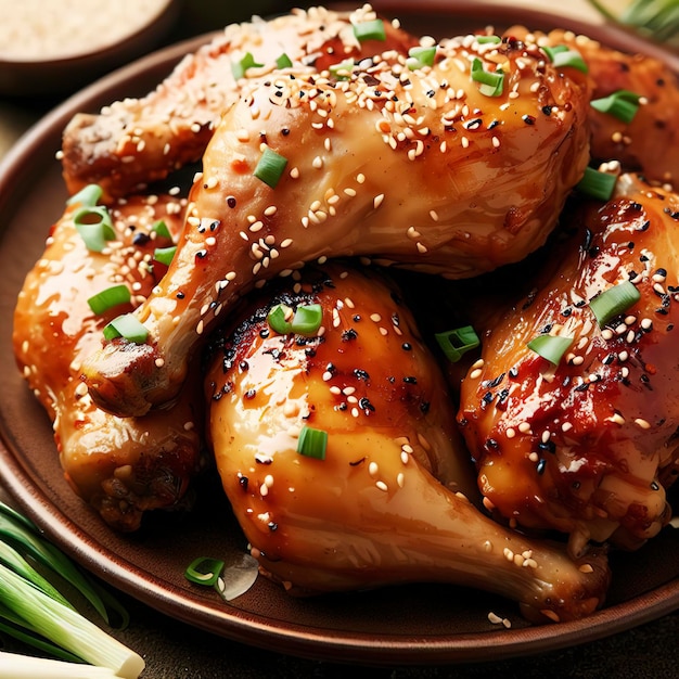 Appetizing baked chicken legs with chives and sesame seeds on a plate