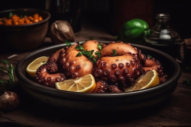 Appetizing baked octopus with potatoes and vegetables Generative AI