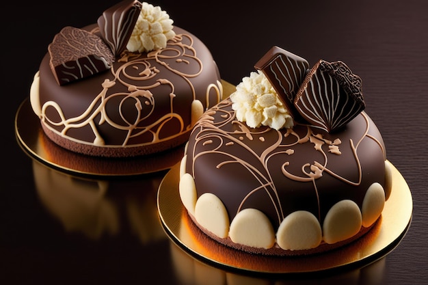 Appetizing beautiful mousse cakes with cream and chocolate decorations created with generative ai