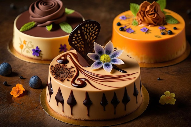 Appetizing beautiful mousse cakes with cream and chocolate decorations created with generative ai