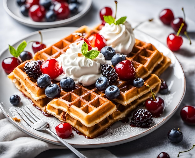 Appetizing beautiful waffles with whipped cream cherries and other berries on a plate dessert food photo