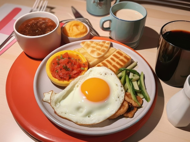Appetizing breakfast with fried eggs vegetables toast and juice