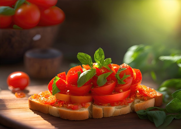 Appetizing bruschetta with tomatoes and basil