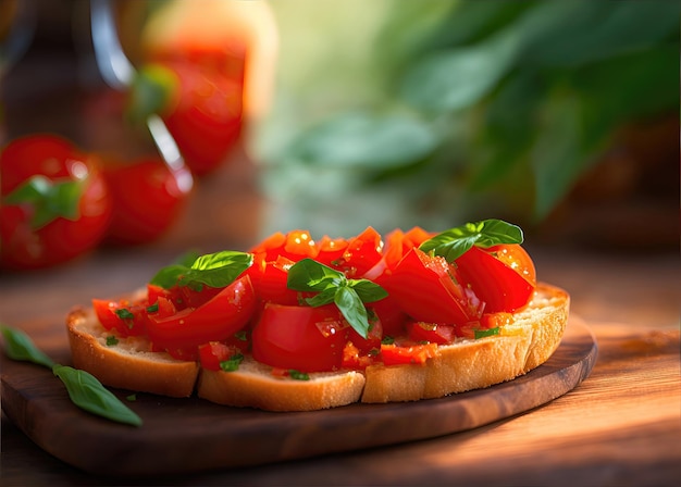 Appetizing bruschetta with tomatoes and basil