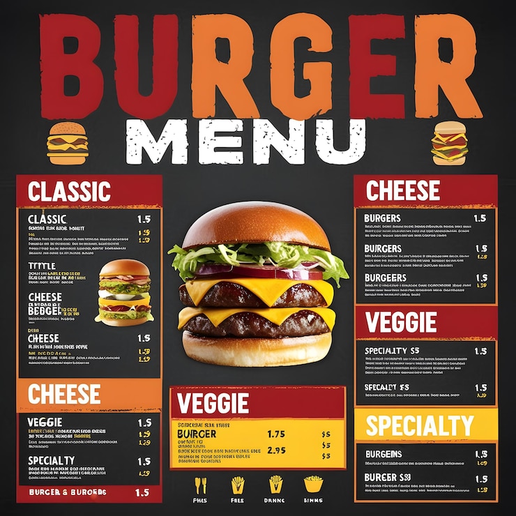 Photo トレンディなハンバーガー・ジョイントの食欲的なハンバーガーメニューポスター