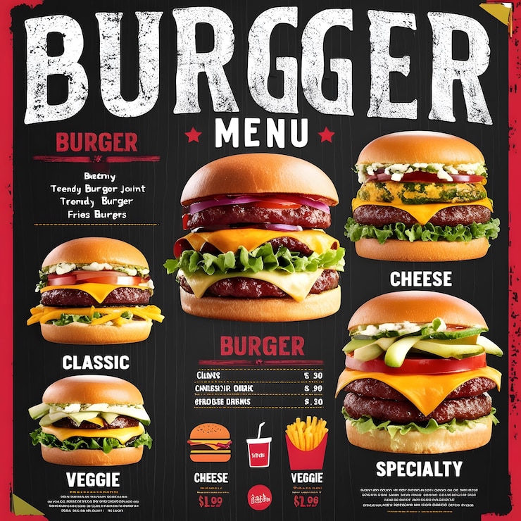 Photo トレンディなハンバーガー・ジョイントの食欲的なハンバーガーメニューポスター