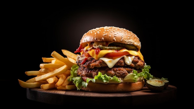 Foto burger appetitoso con patatine fritte su uno sfondo scuro luce morbida