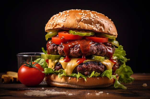 Appetizing Burger with Juicy Sauce and Tomato