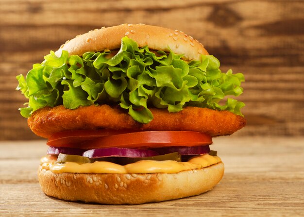 Appetizing burger on a wooden background 44