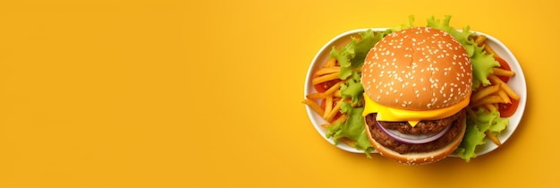 Appetizing burger on yellow background banner