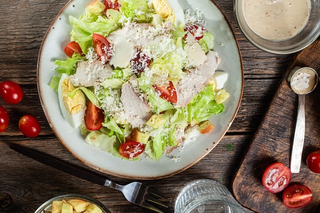 Photo appetizing caesar salad in a plate on a wooden table