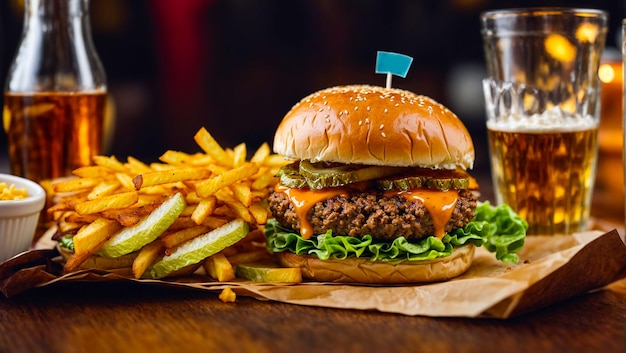 appetizing cheeseburger French fries in a restaurant