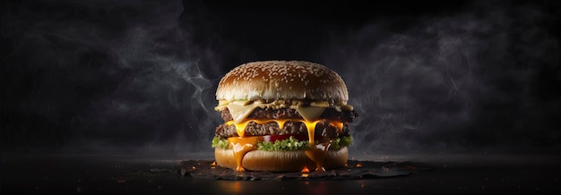 Аппетитный чизбургер со свежим салатом в темной атмосфере AIGenerated