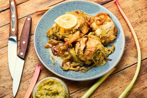 Appetizing chicken breast baked with rhubarb