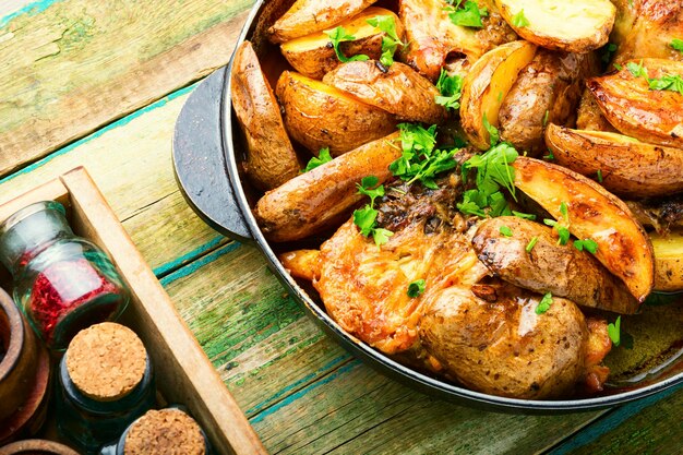 Appetizing chicken meat with potatoes roasted in a pan.Chicken pieces baked with vegetables