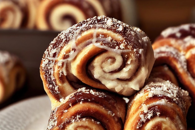 Appetizing cinnamon buns with caramel glaze in shape of snail