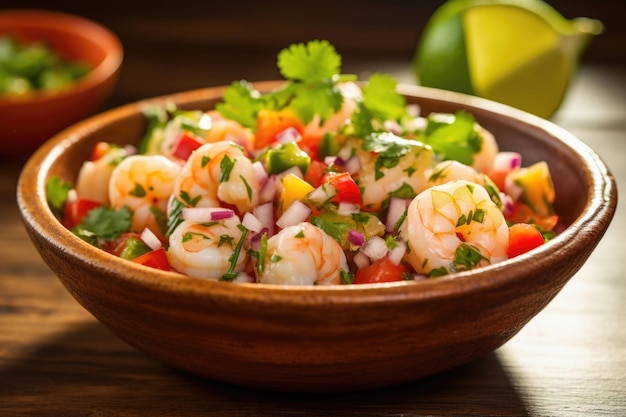 An appetizing closeup shot capturing the medley of colors in a peruvian ceviche bowl succulent