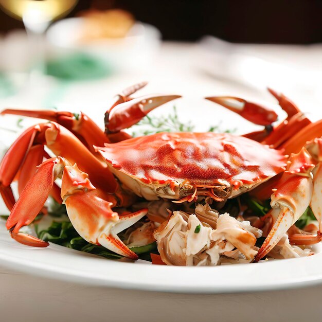 Appetizing crab dish on a white plate in a restaurant