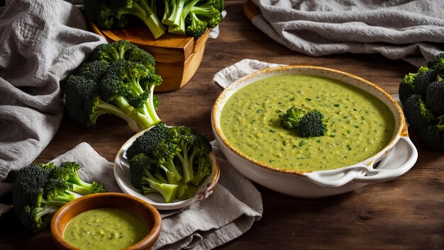 Appetizing cream of broccoli soup on the table