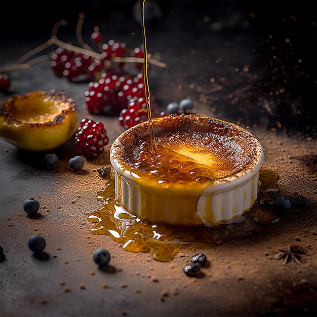 Аппетитный десерт Creme Brulee на деревенском столе Профессиональное фото для блогов и социальных сетей