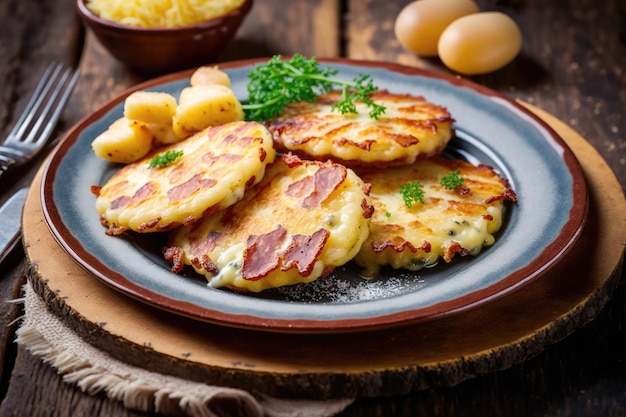 Appetizing crispy fried potato pancakes with cheese and bacon in plate
